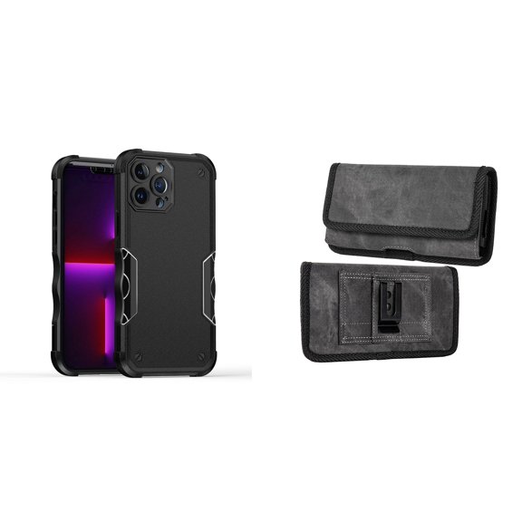 Case with Belt Holster Bundle for iPhone 14 Pro Max: Slim EX Hybrid Series Shockproof Case (Black) and Rugged Denim Nylon Phone Pouch (Grey)