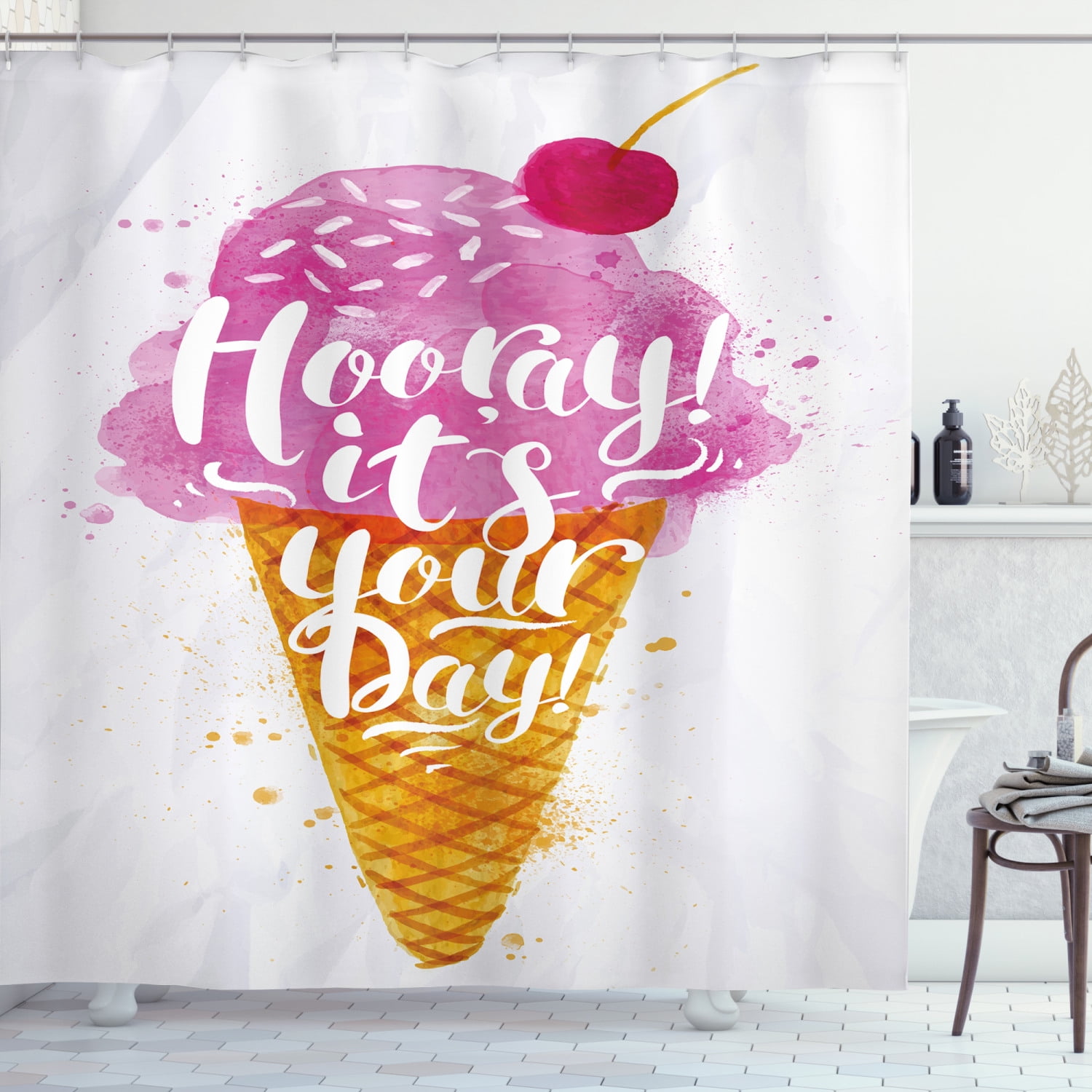 Ambesonne Ice Cream Shower Curtain, Words Cherry, 69"Wx75"L, Fuchsia