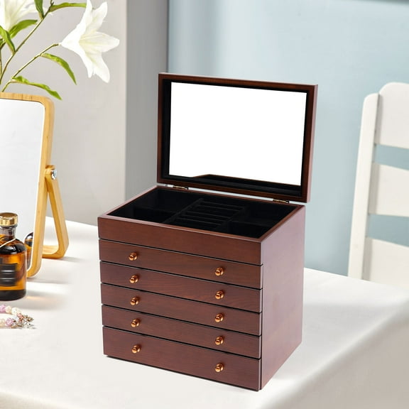 6 Layers Wooden Jewelry Case Necklace Watches Storage Box With Mirror Women