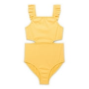 Girls Rib Knit One Piece Swimsuit with Ruffle Straps and UPF 50, 1-Piece, Sizes 4-18 & Plus