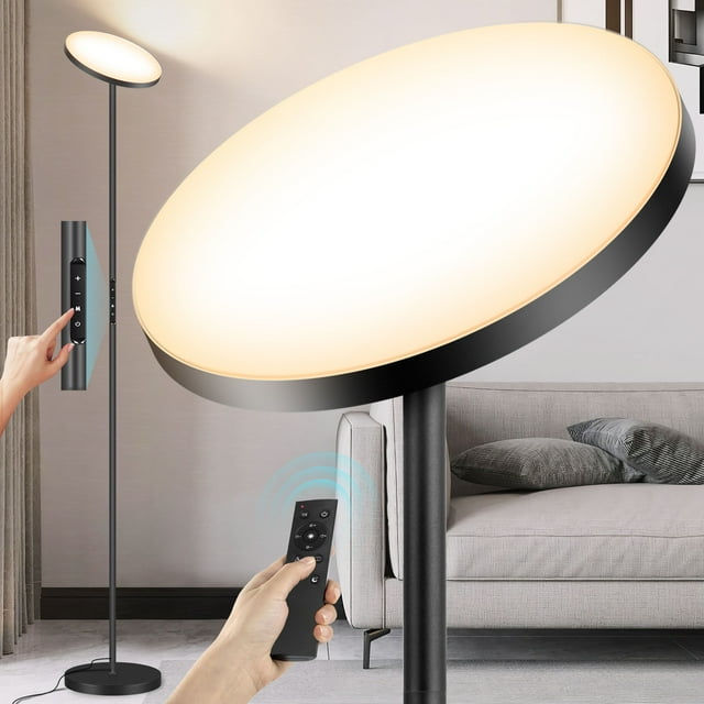 OUTON Lampe Torchère sur Pied à DEL, Lampe sur Pied Moderne Super Lumineuse à Intensité Réglable avec Télécommande, 4 Températures de Couleur, Grande Lampe pour Salon, Chambre, Noir