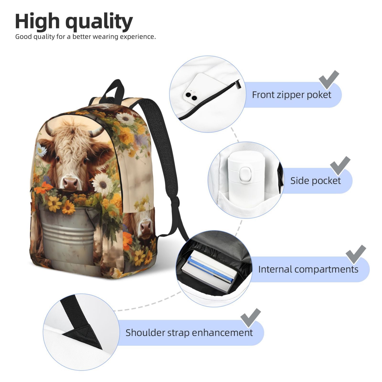 Picia Bucket Flower Cow Printed Canvas Daypack - Stylish and Durable Vintage Compact Backpack - Class, Work, Travel, or Laptop Bookbag,Organized Compartments-Small