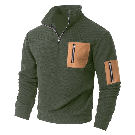 Mens Sweatshirts Utility Quarter Zip Pullover Top Multiple Pockets Stand Collar Long Sleeve Loose for Outdoor Army Green L