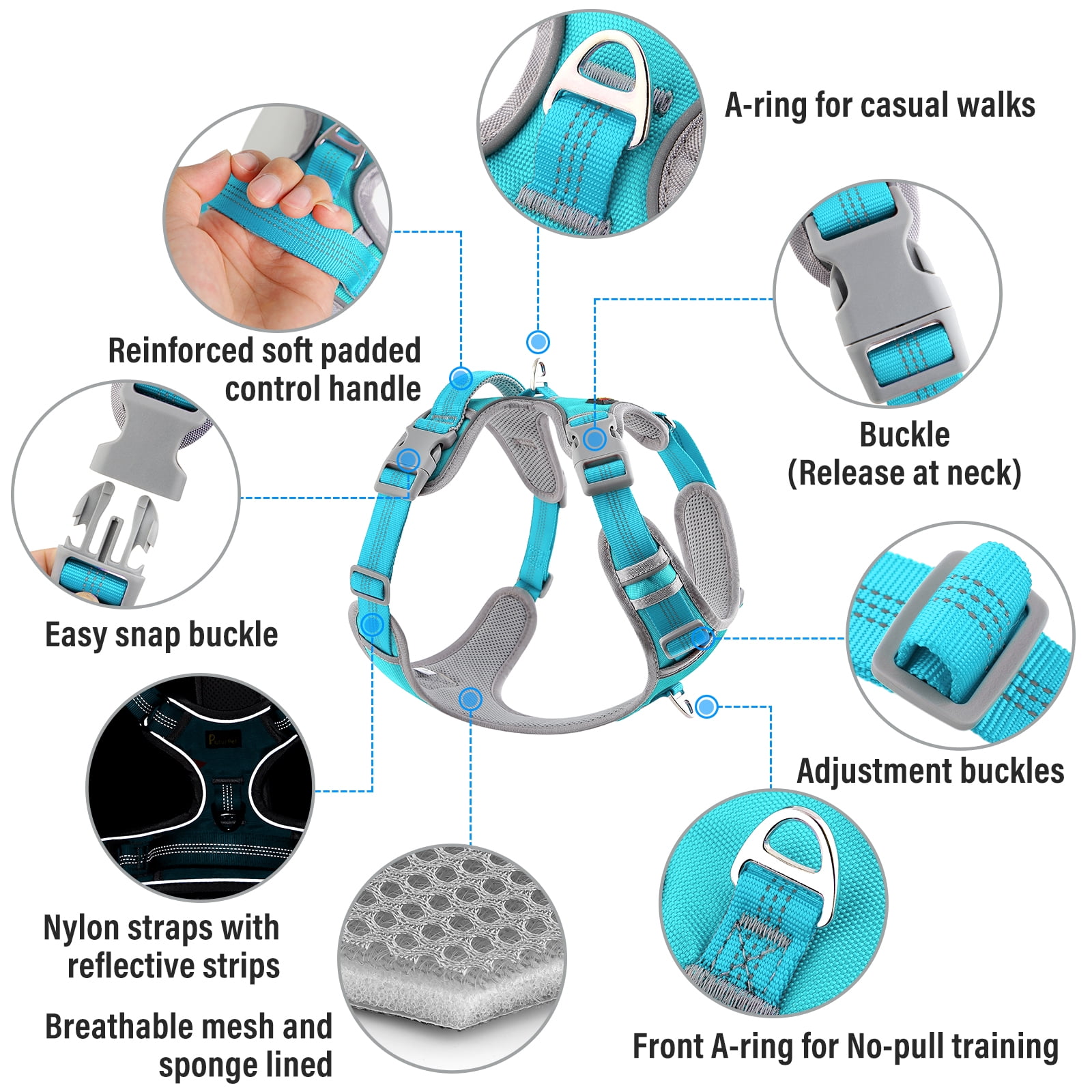 Plutus Pet No Pull Dog Harness, Release At Neck, Reflective Adjustable Dog Vest Harness, Easy Control Handle for Walking, for Small Medium Large Dogs, Cyan, XL