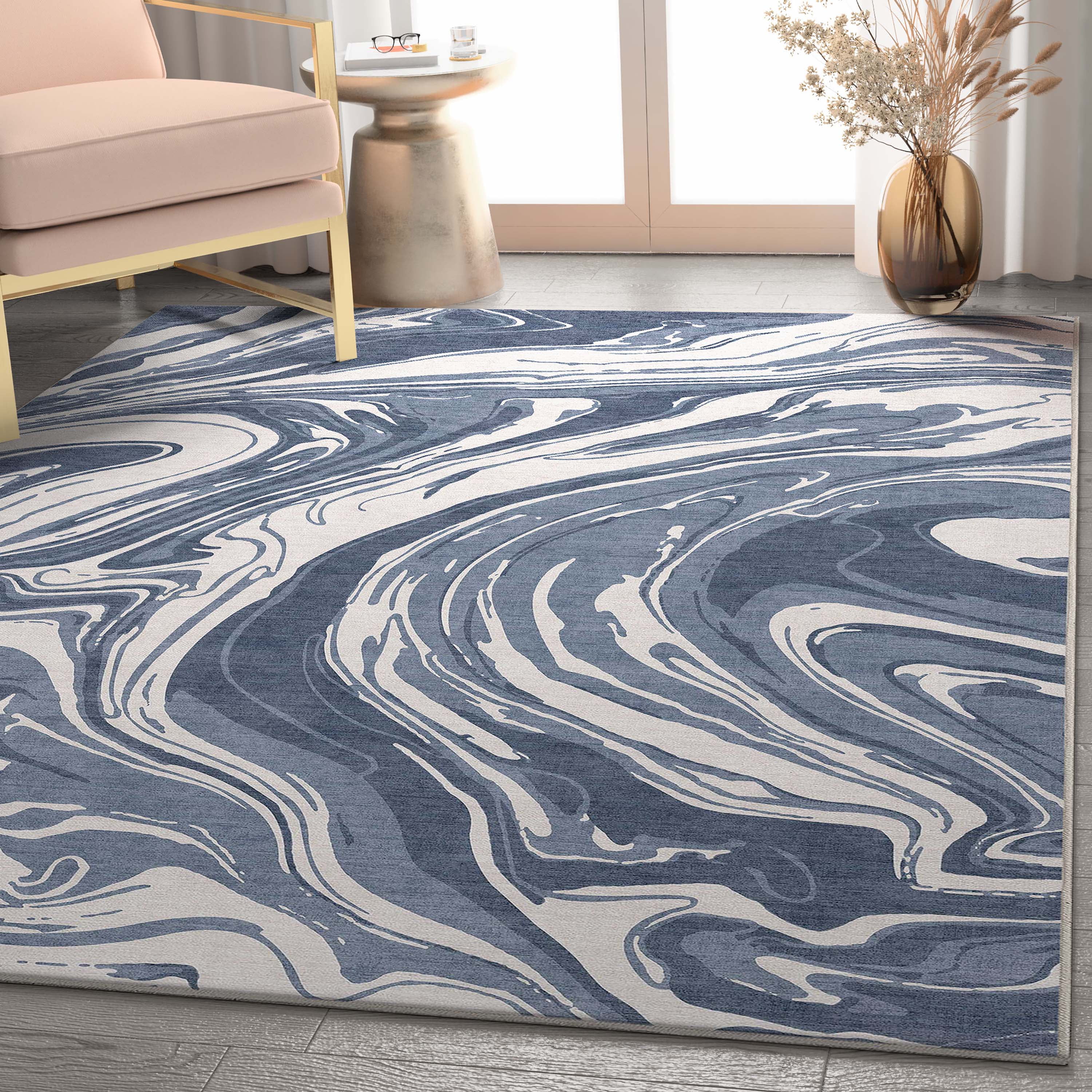 Well Woven Abstract Harmony Modern Stripes Pattern Blue Flat-Weave Easy to Clean 7'7" x 9'10" Area Rug