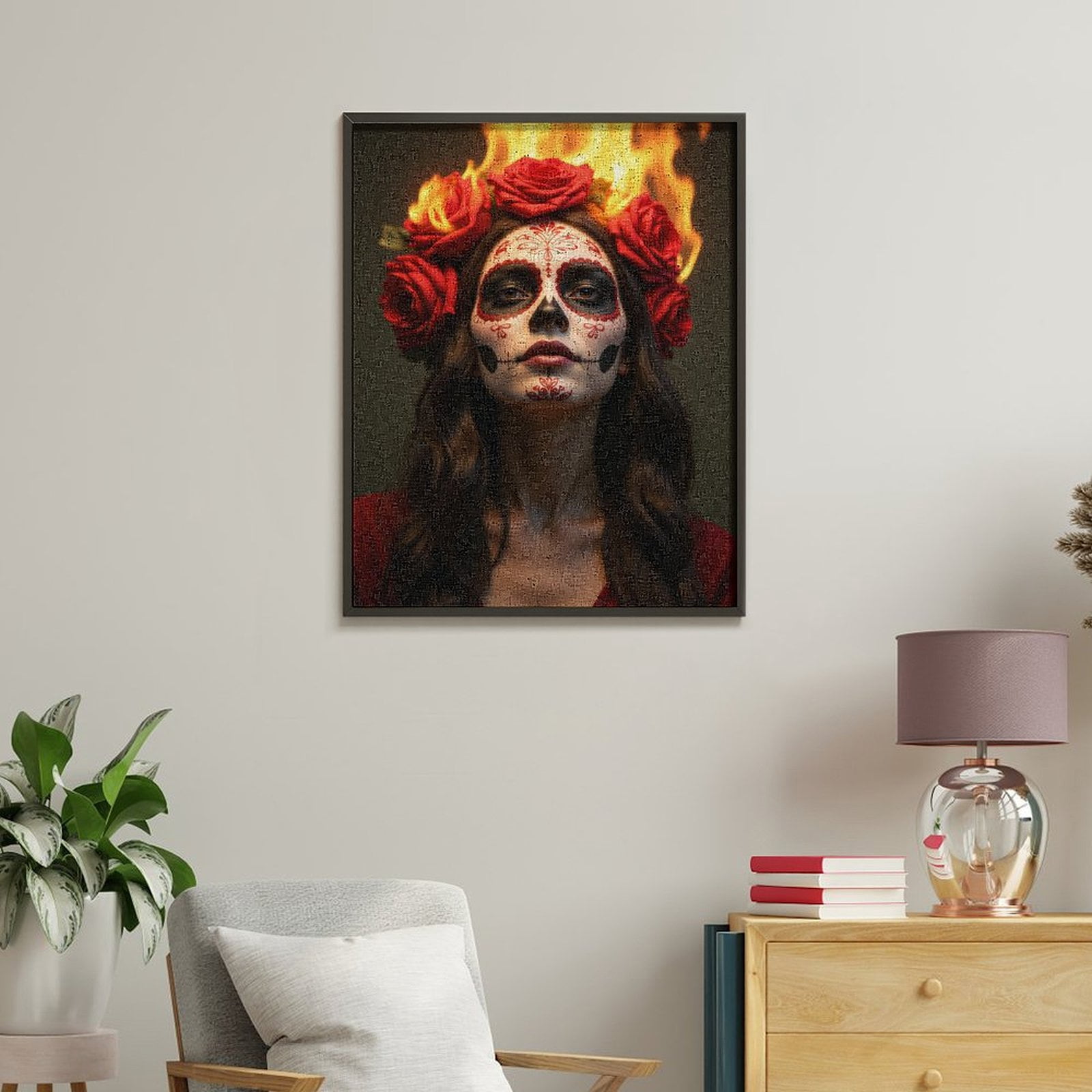 Paint By Numbers Kit for Adults Beginner - DIY Floral Skull Art Fire Roses Canvas Painting Kits for Adults, Frameless Paint By Number for Adults for Home Wall Decor 16x20 Inch