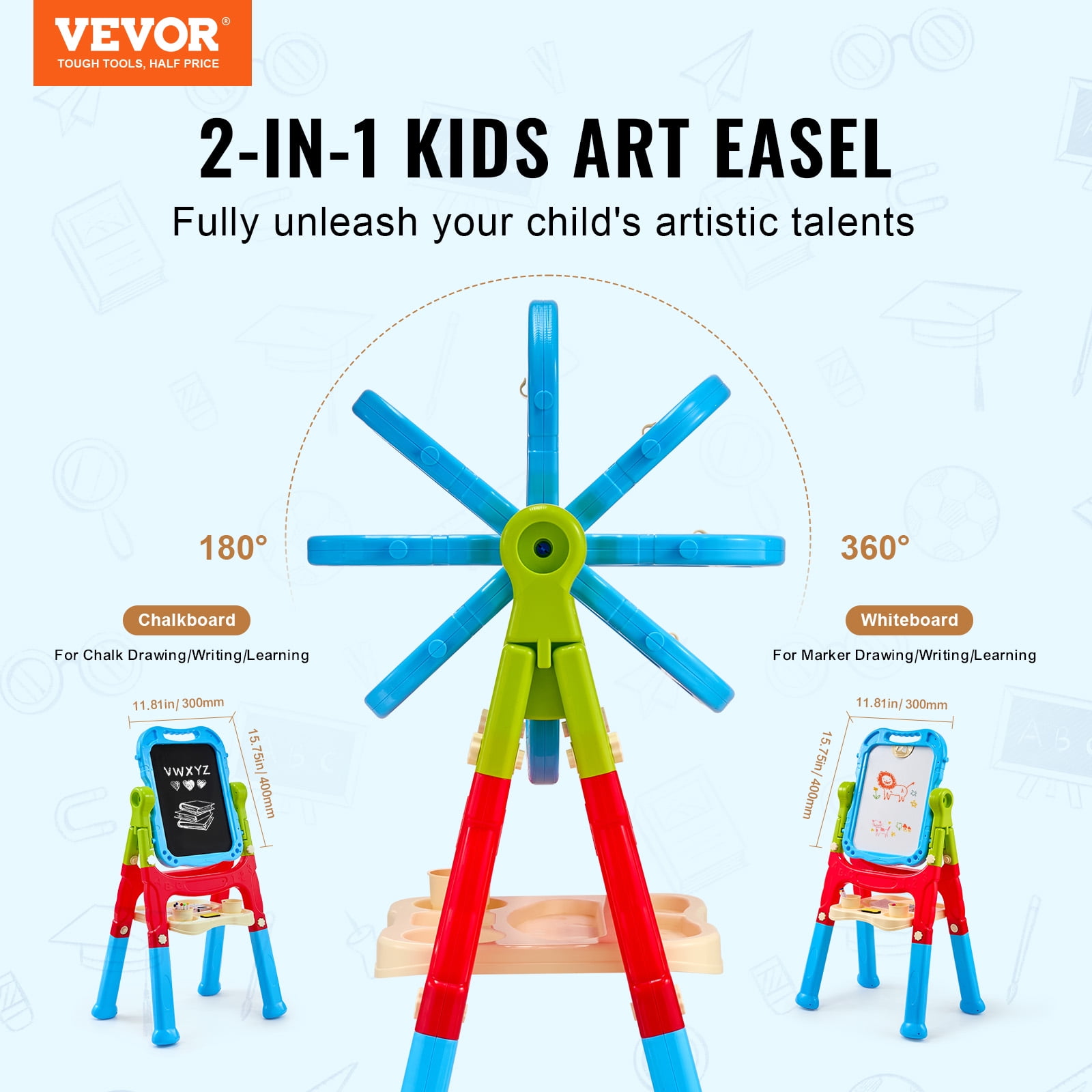 VEVOR Art Easel for Kids, 2-in-1 Double-Sided Kides Art Easel with Magnetic Whiteboard & Chalkboard, Adjustable Standing Rotatable Removable Drawing Board with Painting Accessories for Boys and Girls