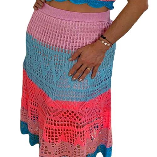 FOCUSNORM Women's Stretched High Waist Crochet Hollow Out Skirt Knit  Contrast Color Maxi Skirt