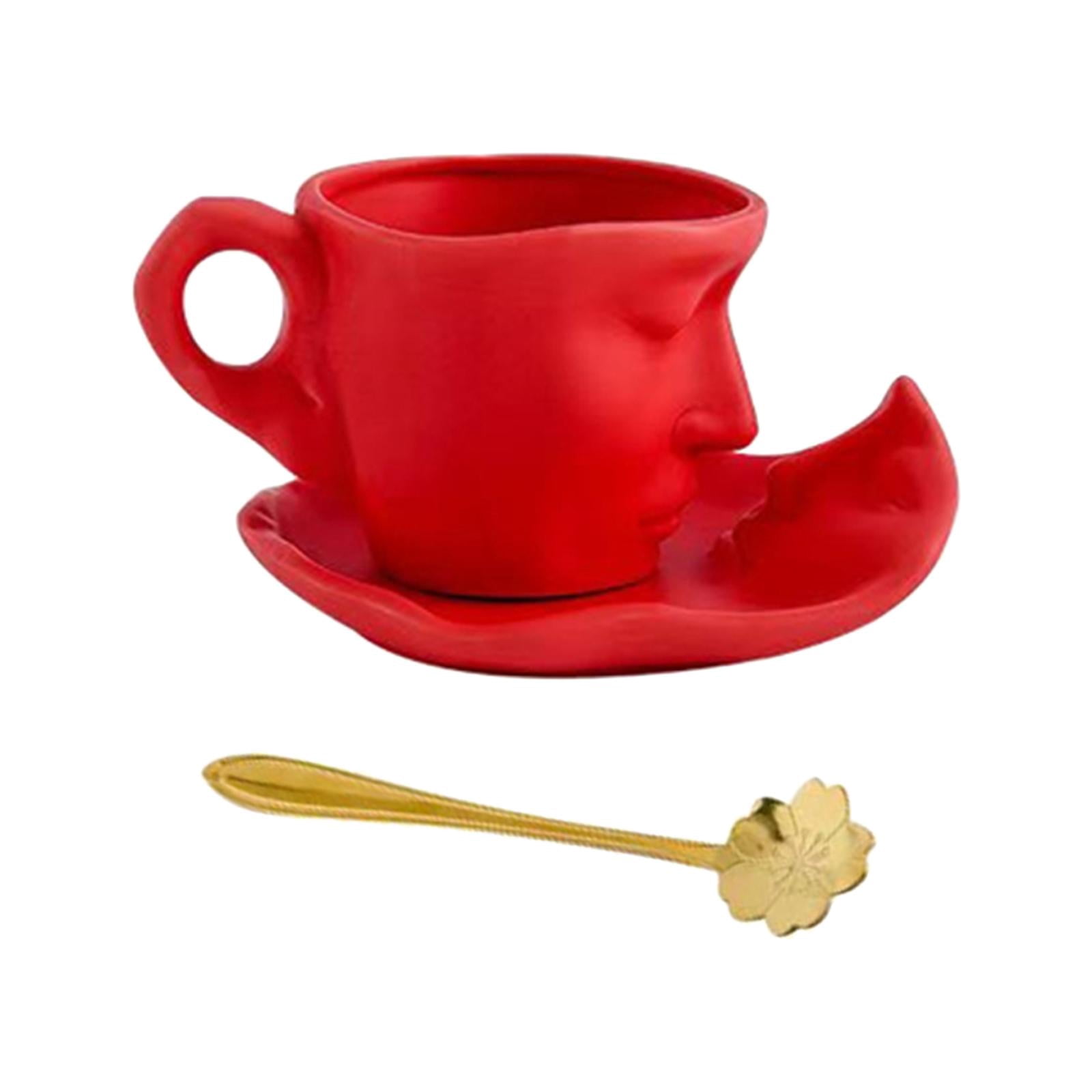 Nishiyuenyi 3D Human Face Kissing Mug with Spoons and Human Face Coaster Espresso Mugs 260ml Red