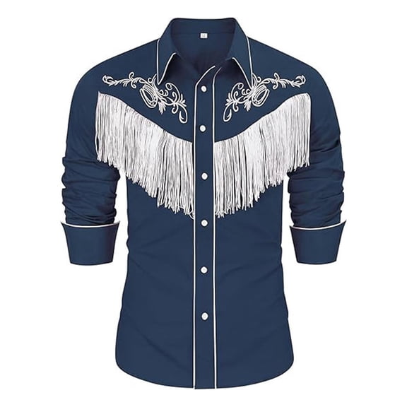Telankuip Men's Cowboy Western Long Sleeve Shirts Casual Fringe Printed Hippie Slim Fit Collar Button down Shirt Lightweight Comfortable Retro Stylish T-Shirts Navy XL