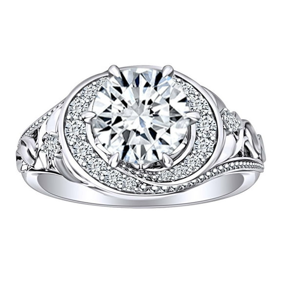 2.28 Carat Round Shape Moissanite & Natural Diamond Filigree Engagement Ring 14K Solid White Gold Ring Size-5
