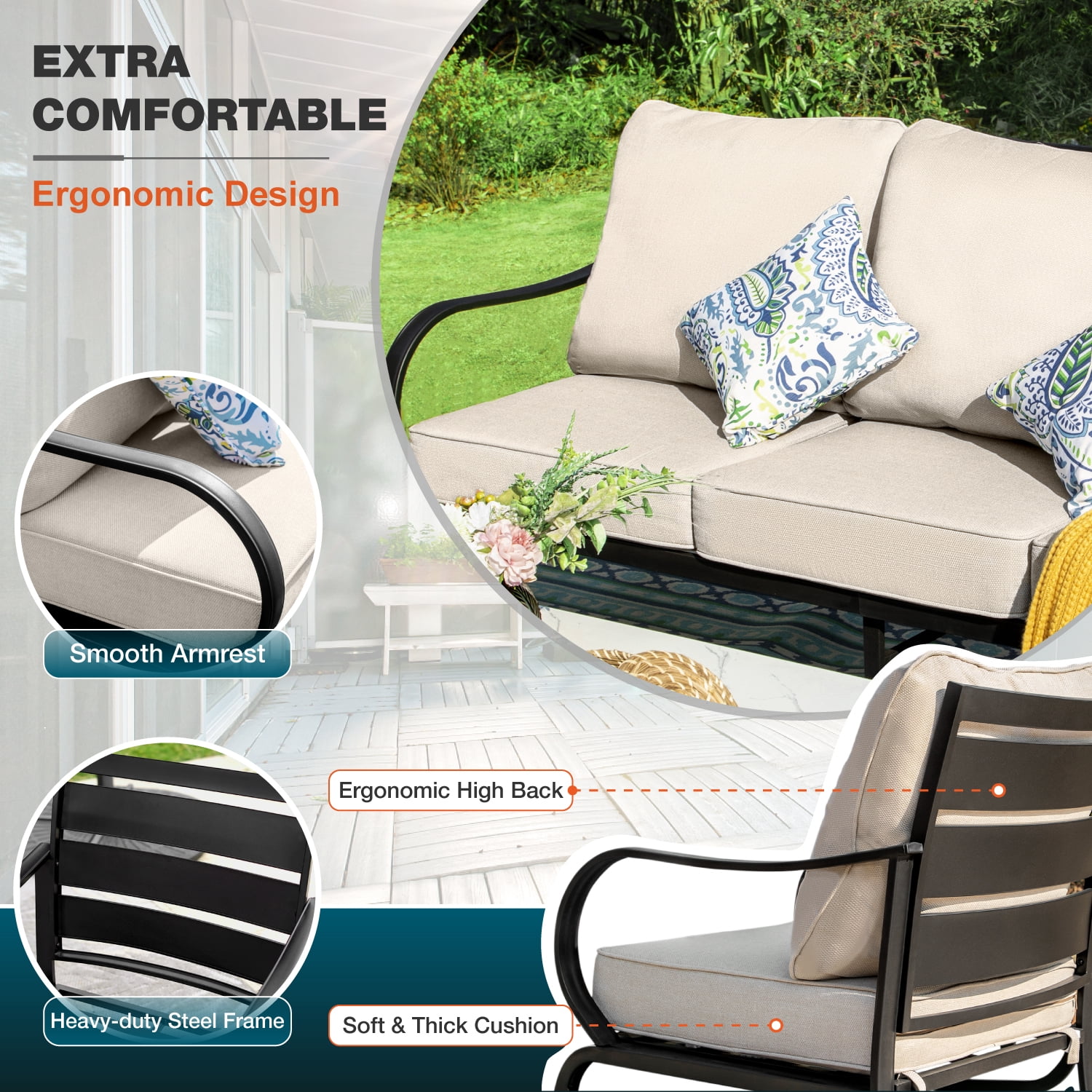 MF Studio 7-Piece Patio Conversation Set Outdoor Furniture Sofa Set for 9 Person with Beige Cushions