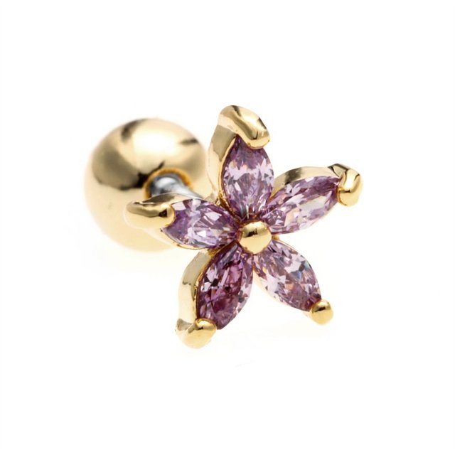 1pcs 18K Pendientes De Oro Amatista Flor Estrella Stud Hojas Cuelgan Acero Médico Piercing Joyería