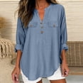 thumbnail image 2 of FAVIPT Cotton Casual Blouses for Women Henley V Neck Gauze Chest Pocket Shirts Rolled Up Long Sleeve Curved Hem Tops Light Blue,XL, 2 of 7