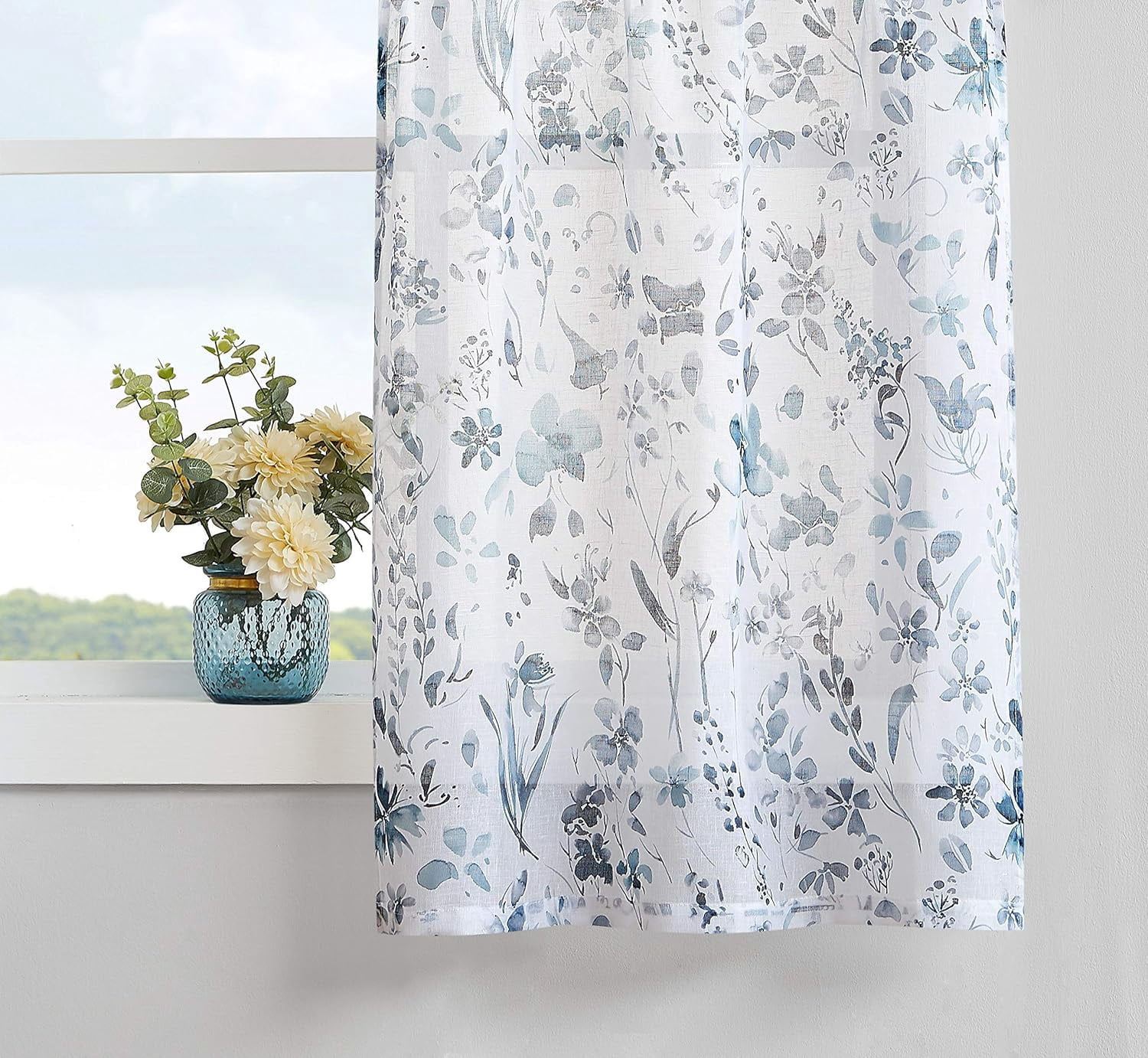 Blue and Grey Floral Small Window Curtains for Bathroom Kitchen Curtains 24 inch Length Print Flower Sheer Cafe Curtain Window Treatment Set for Bathroom,28" W x 24" L 2 Panels Rod Pocket