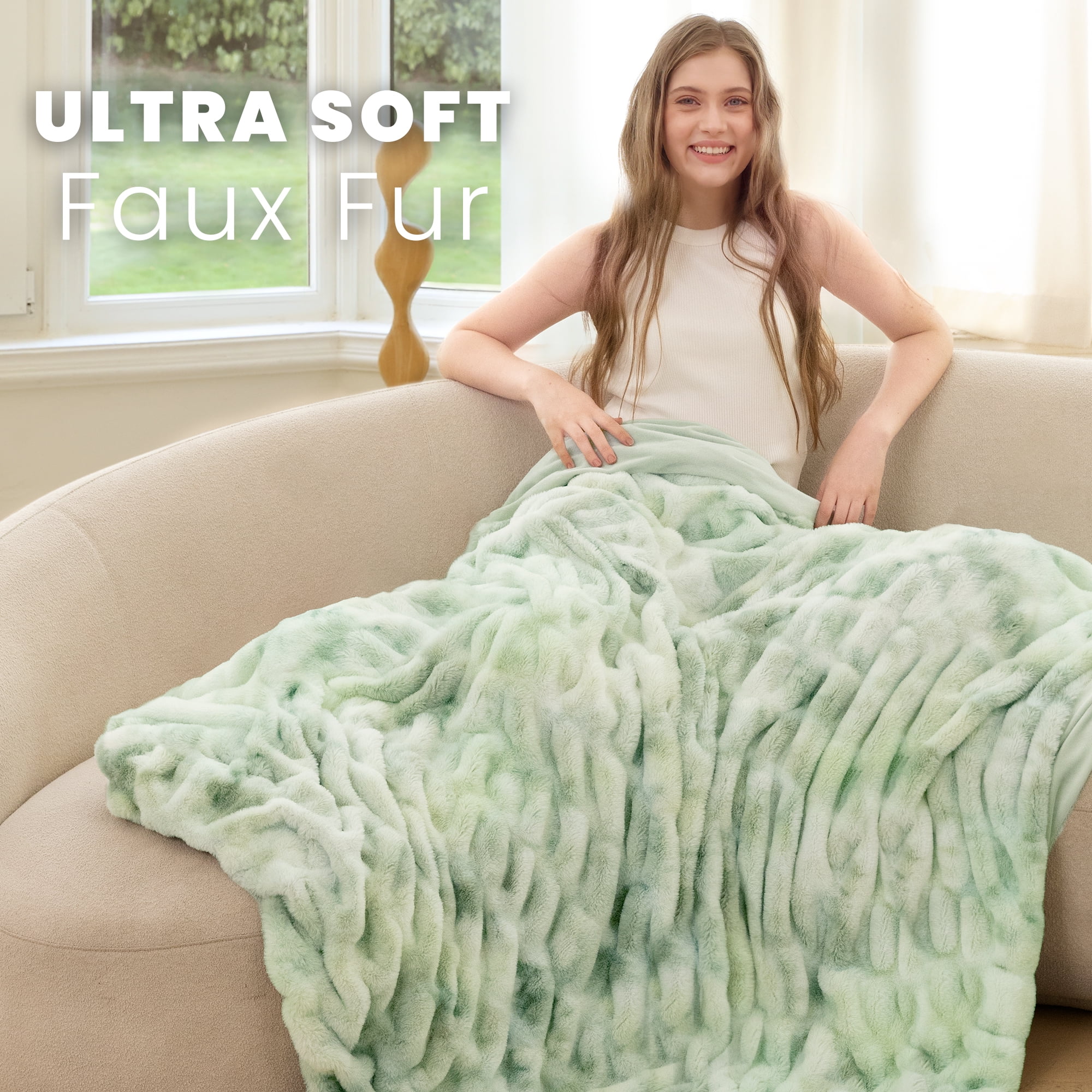 Blunique Faux Rabbit Fur Blankets and Throws Soft Cozy Throw Blanket Home Decor for Couch, Bed, Travel, 50x60 in, Sage Green