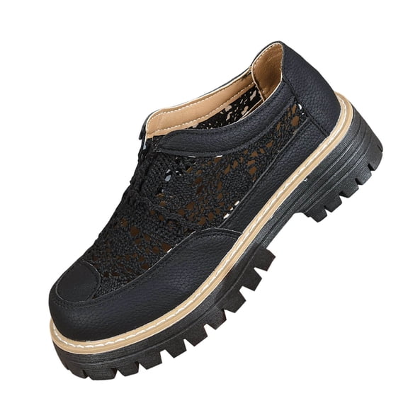 Cmunyle Women'S Casual Shoes Slip On Lace Cutout Thick Sole Comfort Round Toe Everyday Wear Pu Material Black Us Size 5.5