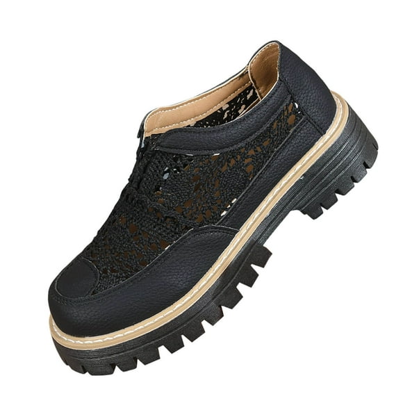 RXMEKW Low Heel Lace-Up Casual Shoes for Women with Hollow Weave Design and Thick Sole in Black or White