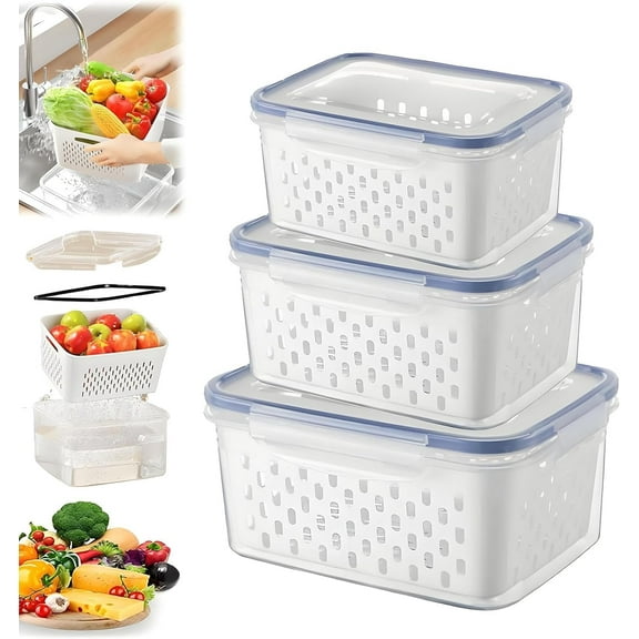 4-in-1 Food Storage Containers with Drain Basket – Leak-Proof Berry, Vegetable & Watermelon Containers for Fridge
