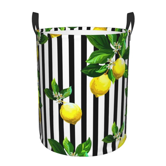Fotbe Lemons on Striped Cesto de Ropa con Asas, Cesto Impermeable de Gran Capacidad, Bolsa de Lavado para Dormitorio, Cesto de Ropa con Ruedas y Asas-Medium