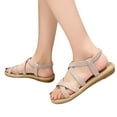 thumbnail image 3 of JeashCHAT Womens Gladiator Sandals Casual Cross Strappy Beach Flat Sandals Summer Elastic Ankle Strap Trendy Roman Shoes (Beige), 3 of 6