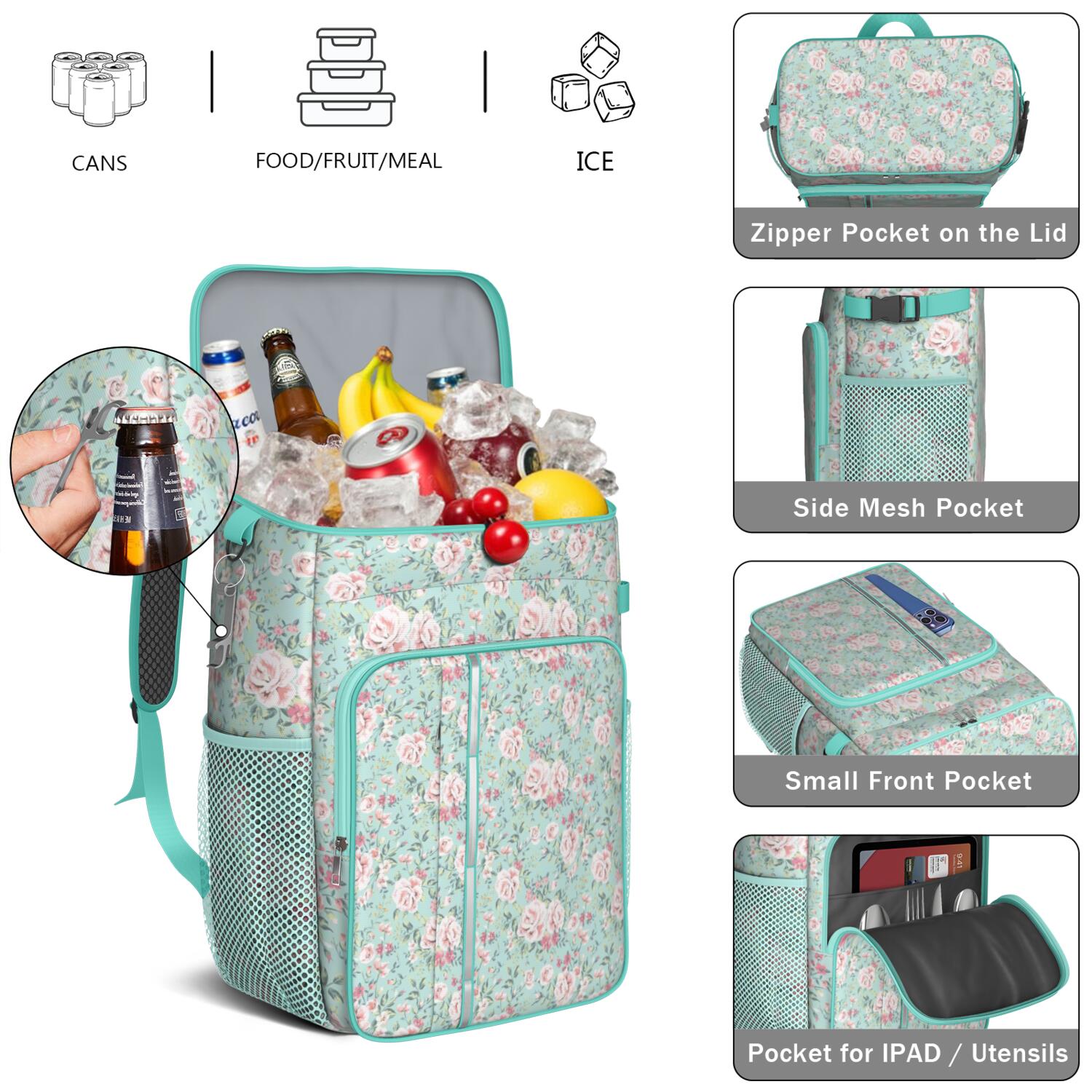 Travel Cooler Bag - Pioneer Flower Floral Print Pattern Camping Beer Cooler Backpack with Bottle Opener- Waterproof Insulated Picnic Backpacks - Cooler Bag for Beach