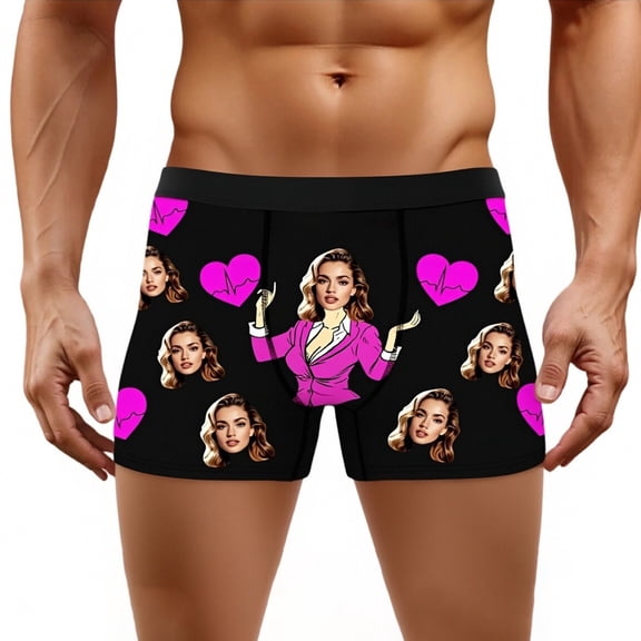 Funny Wife Face Boxers For Men Customized Long Underwear Boxers Valentine's Day Gifts For Boyfriend Husband Black XL
