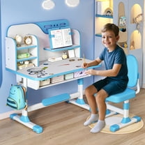 SUSUchens Kids Study Desk Chair Set,Height Adjustable Toddlers Writing Table with Tiltable Reading Stand LED Table Light,Children Learning Table with Extra Large Drawer (Blue)