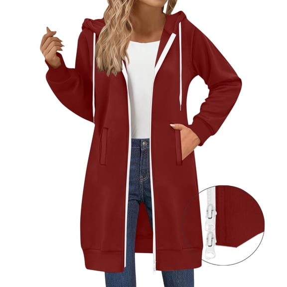 Long Hoodies for Women Zip Up Double Zipper Fleece Sweatshirt Coat with Pockets Casual Loose Fit Jacket Fall Winter Outerwear