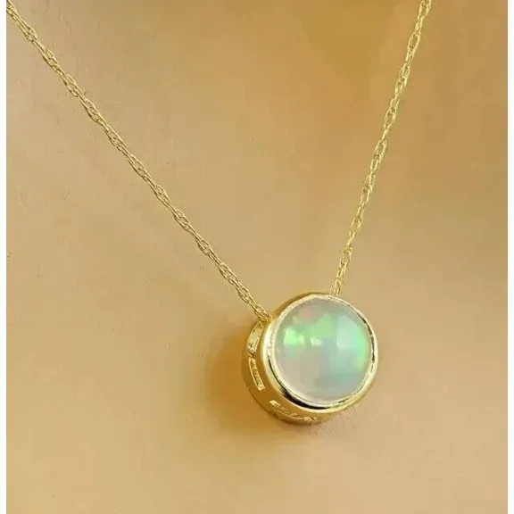 1Ct Round Simulated Fire Opal Diamond Solitaire Pendant 14K Yellow Gold Plated
