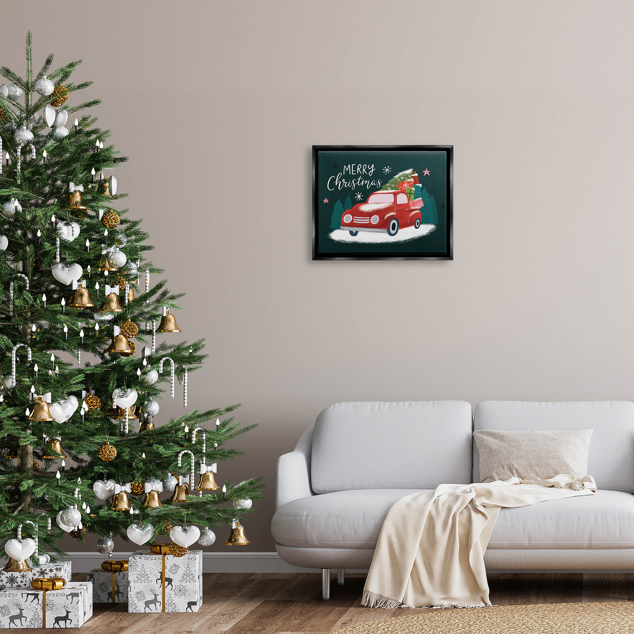 Merry Christmas Gifts Truckload Holiday Graphic Art Jet Black Framed Art Print Wall Art