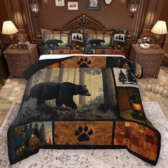 Feelyou 3D Wildlife Bear Bedding Comforter Set for Men, Vintage Countryside Cabin Twin Comforter Sets, Patchwork Plaid Reversible Bedding Set, Breathable Home Decor, 2-Piece