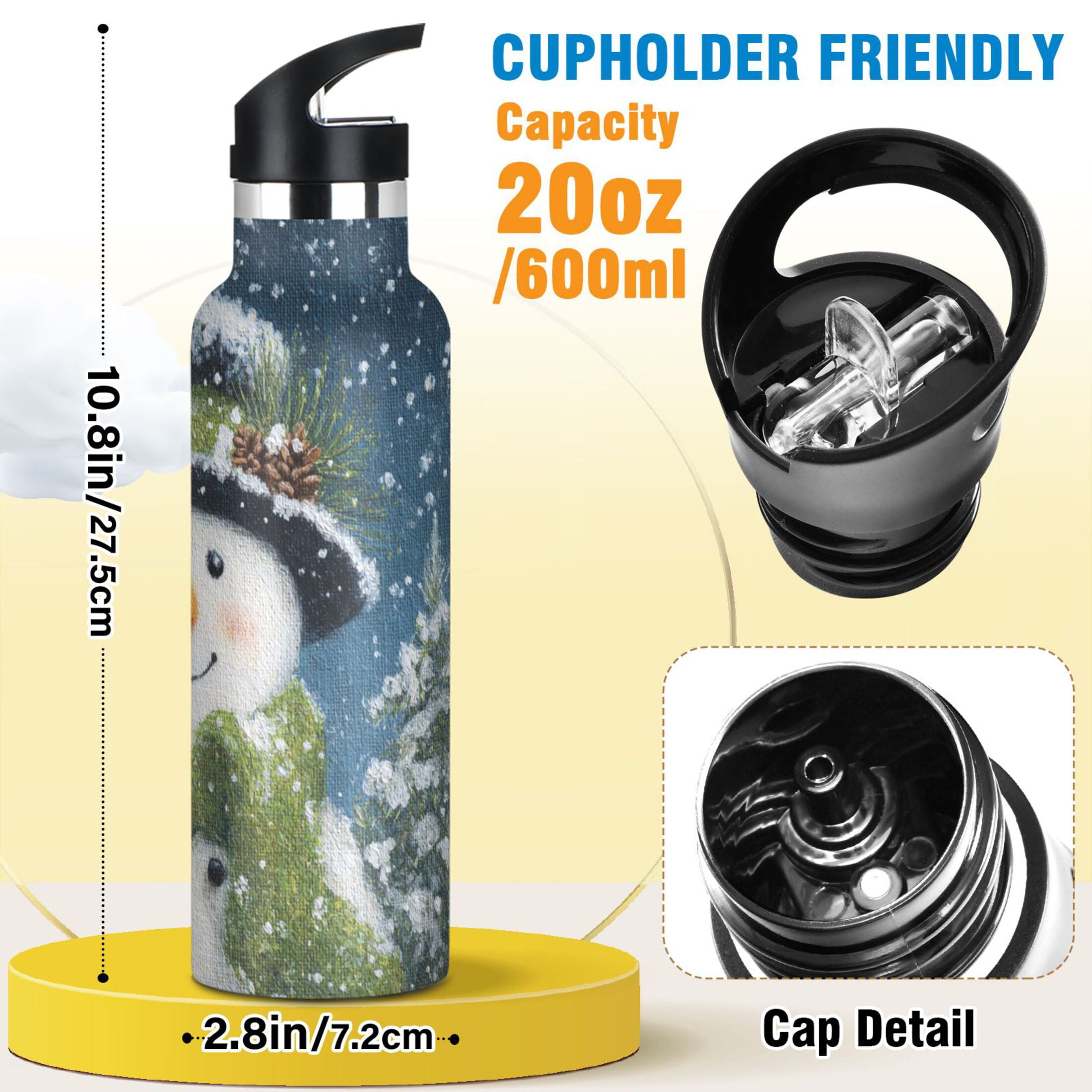 600ML Stainless Steel Insulated Cup Sports Water Bottle Portable Thermos Cup Water Glasses Insulated Tumblers Convenient and Durable Cute Green Christmas Snowman