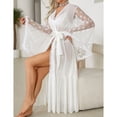 thumbnail image 4 of Kaemgyyd Women's Long Bridal Robes Mesh See Through Fuzzy Trim Bathrobe Elegant Lace V Neck Belted Wedding Party Nightgown Loungewear, 4 of 7