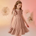 thumbnail image 5 of Juslio Dresses for Girls Knee Length Ruffle Sleeve Round Neck Casual Summer Beach A-line Pink Sundress, 5 of 8
