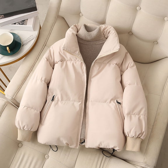 Dxzfnsa Puffer Jackets for Women Womens Full Zip Stand Collar Coats Solids Color Padded Jacket Long Sleeve Winter Warm Coats with Pockets