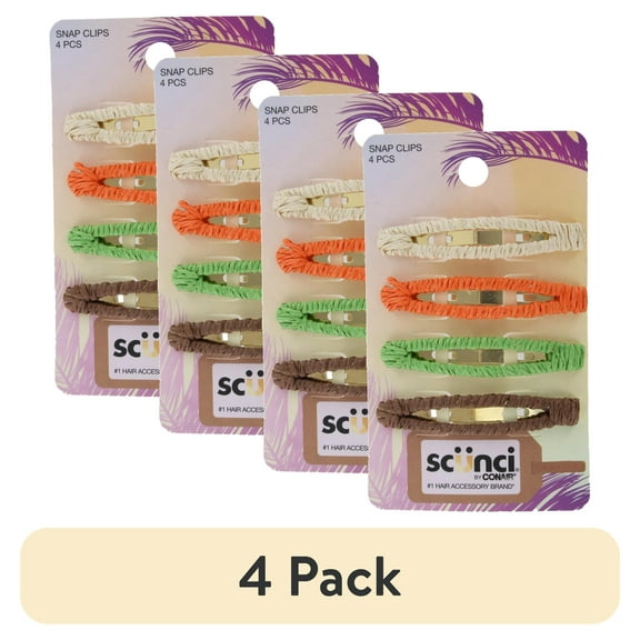 (4 pack) Scunci by Conair Snap Clips, 4-Piece Set, Woven Fabric Design, Assorted Neutral Colors, Strong Hold for All Hair Types