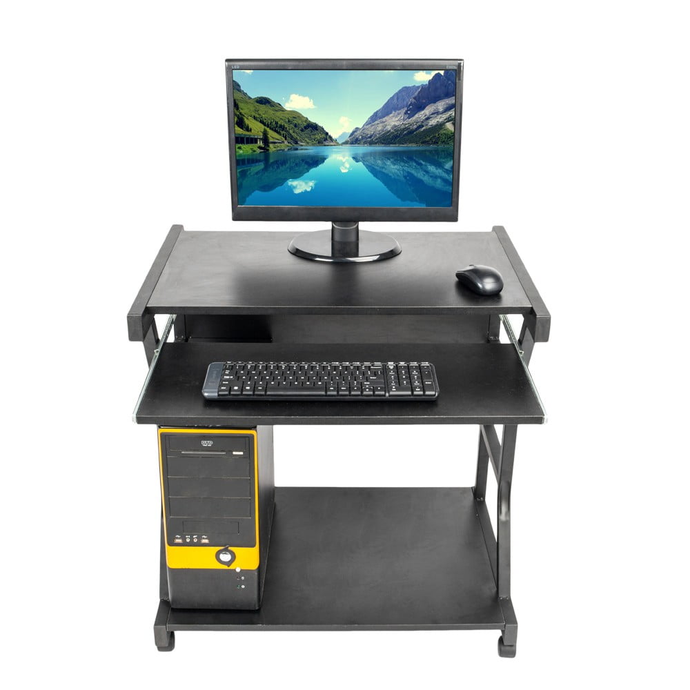 IVV 27.55" Small Rolling Computer Desk on Wheels, with Keyboard Tray and Bottom Shelf, for Bedroom, Living Room, Home Office, Black