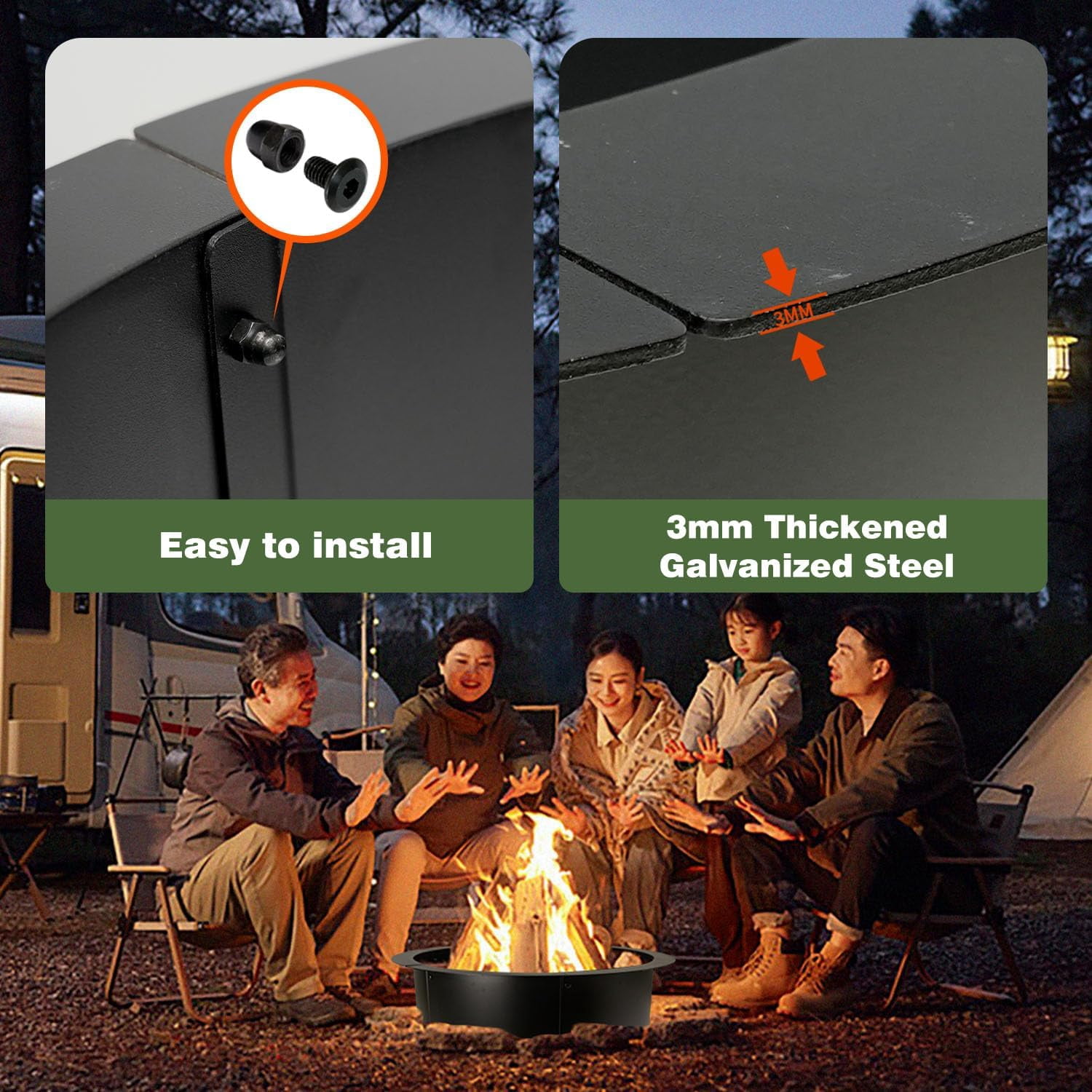 Round Metal Fire Pit Ring for DIY Campfire Wood Burning Insert Fire Pit Liner Heavy Duty Firepit Rim with Collar Support Bonfire Outdoor Camping Cooking Patio Backyard, Black 32"