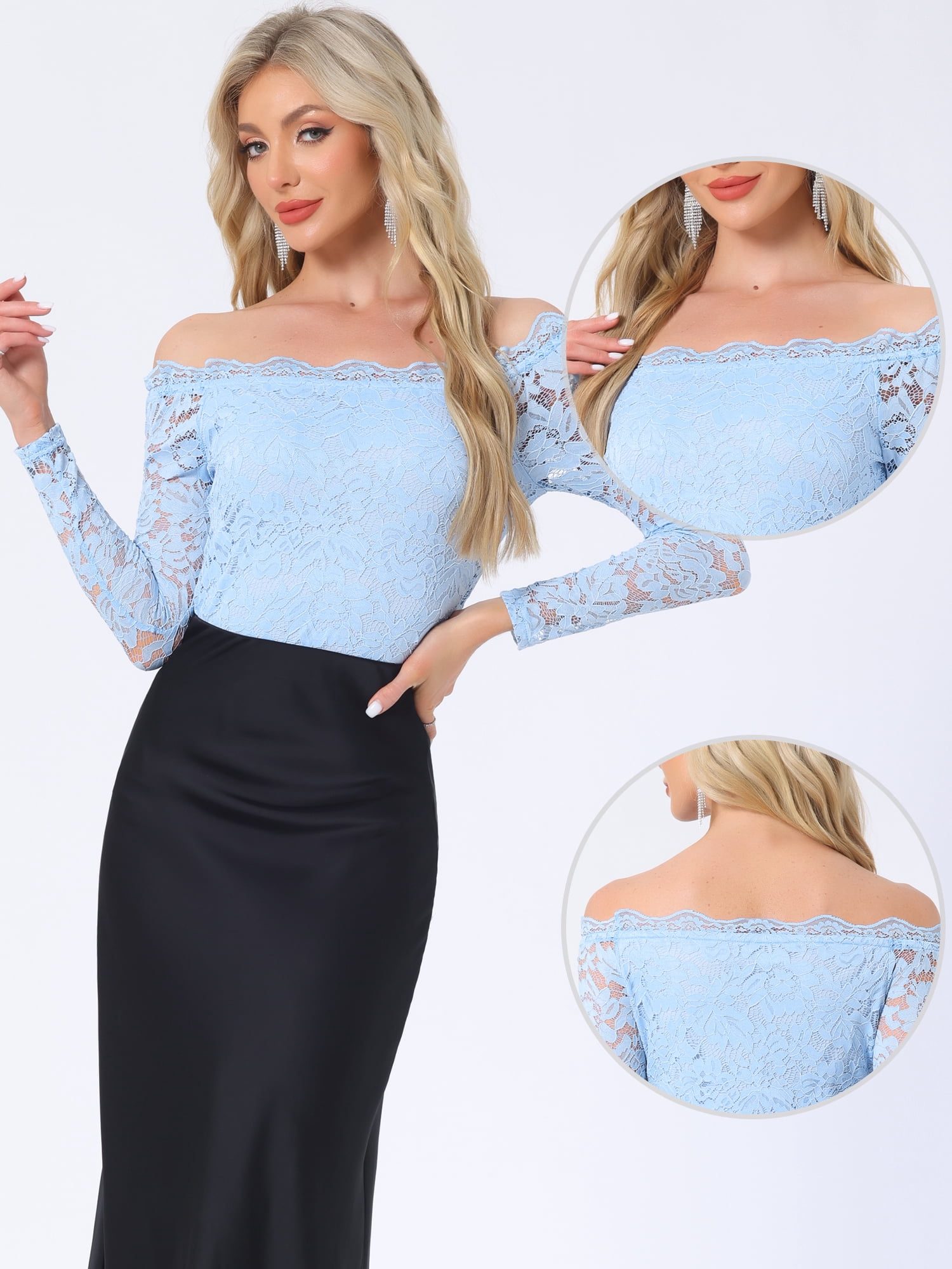 DARING DIVA Floral Lace Off Shoulder Sheer Blouse Top S Sky Blue
