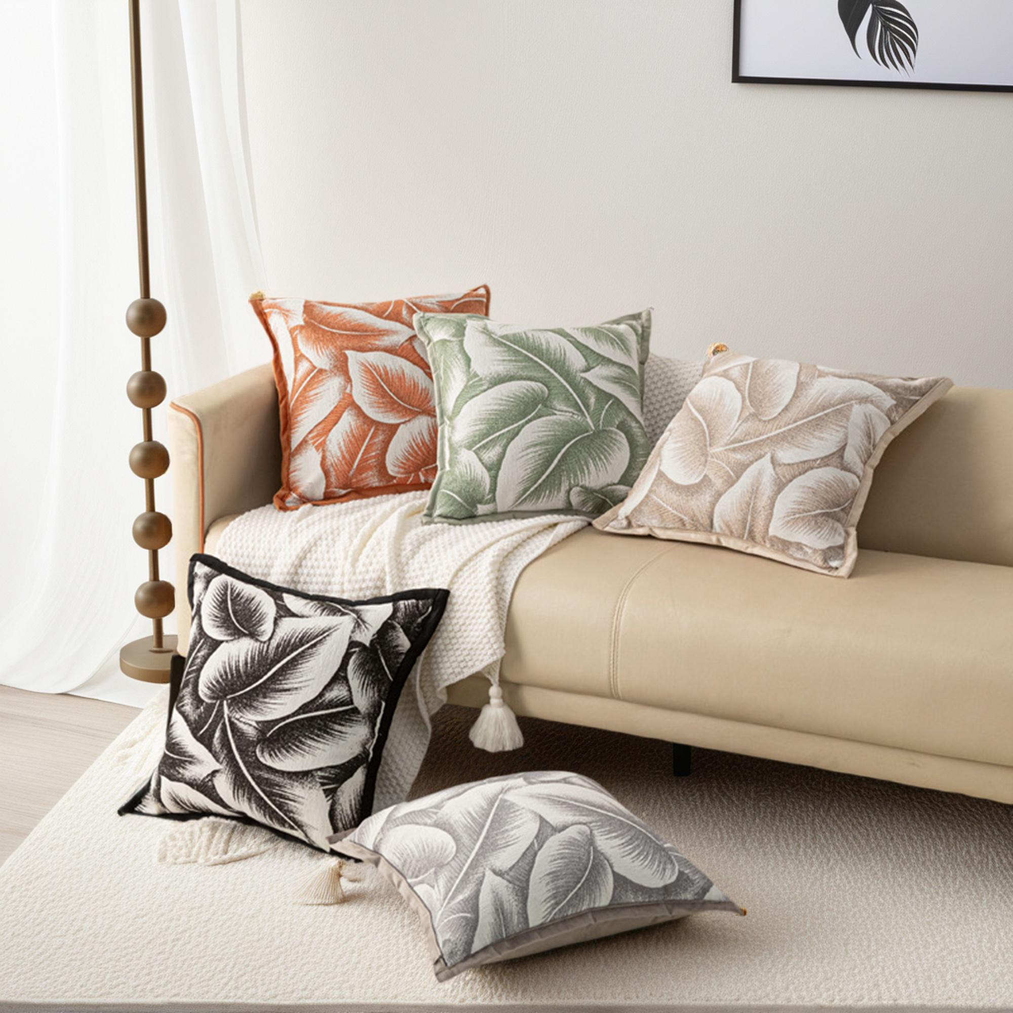 Unique Bargains Pack of 2 Leaf Pattern Chenille Throw Pillow Covers Light Brown