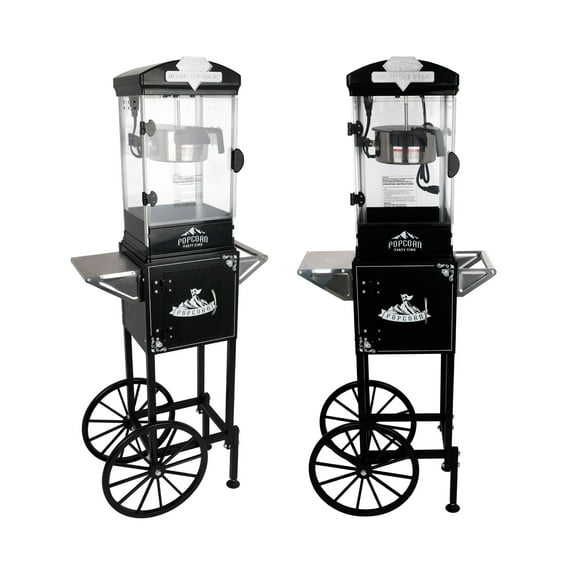 , Popcorn Machine with Cart ,Wheels & 10 Oz Kettle Popcorn Maker Measuring 3 plastic spoon Home Theater Popcorn Machine-Black, Black ,Stainless Steel ,