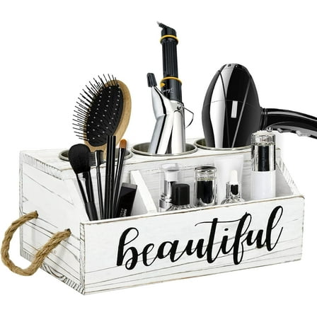 Rustic Wood Hair Dryer Holder, Hair Styling and Care Tool Organizer with Natural Rope Handles, Bathroom Countertop Organizer for Blow Dryer Straightener Curling Iron with 3 Stainless Steel Cups White