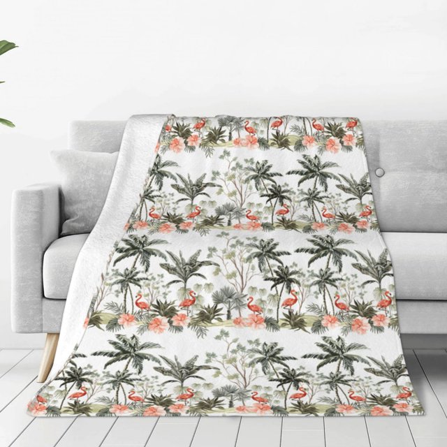 Fotbe Flamingo Palm Trees Manta de Franela Acolchonada con Estampado, Súper Suave y Esponjosa, Extra Grande para Sofá, Cama, Uso Todo el Año-60"x50"