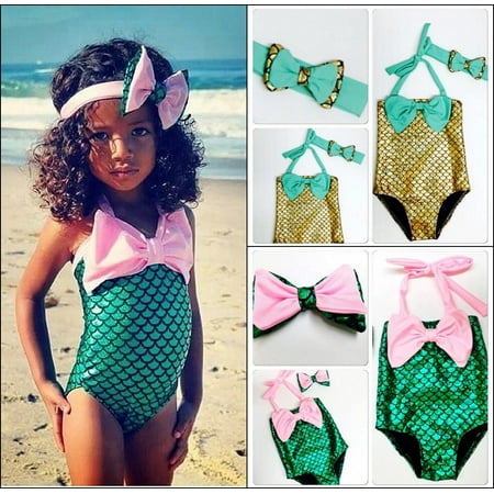Baby Kids Girls Little Mermaid Bikini Set Summer Beach Swimwear Swimsuit Bowknot Headband Costume Sets
