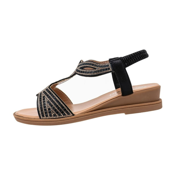 Wedge Sandals for Womens Low Heel Elastic Open Toe Rhinestone Straps Soft Sole Non Slip Summer Roman Sandals Black