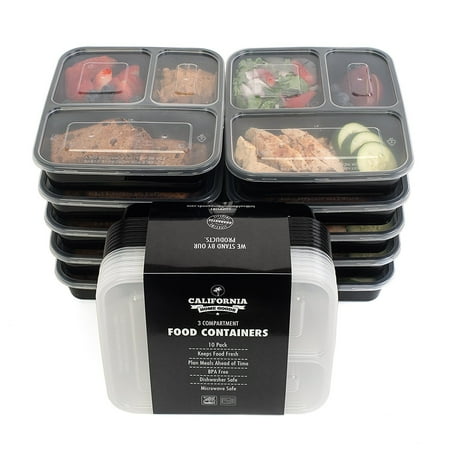 California Home Goods 3 Compartment Bento Reusable Food Storage Containers with Lids, Set of 10, For Meal Prep, Back to School, 21 Day Fix