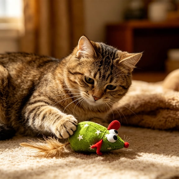Star Style Plush Mouse Cat Toy 5.5 Inch, Mixed Color Feather Tail Simulated Mouse for Kittens, Green