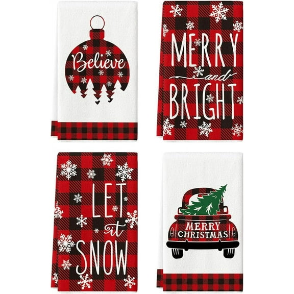 SM-XLHN Buffalo Plaid Tree Christmas Kitchen and Dish Towels, 18 x 26 Inch Ornament Car Winter Holiday Ultra Absorbent Drying Cloth Tea Towels Set of 4