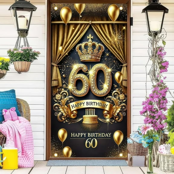 3x6FT 60th Birthday Door Cover Royal Black Gold Birthday Door Banner for Party Decorations Crown Balloon Cake Door Sign for Women Men Photo Booth Prop Wall Decor